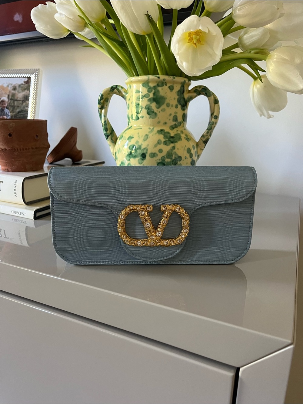 Valentino Garavani Blue Loco Clutch in Moire Fabric with Crystal Logo - Picture 3 of 12